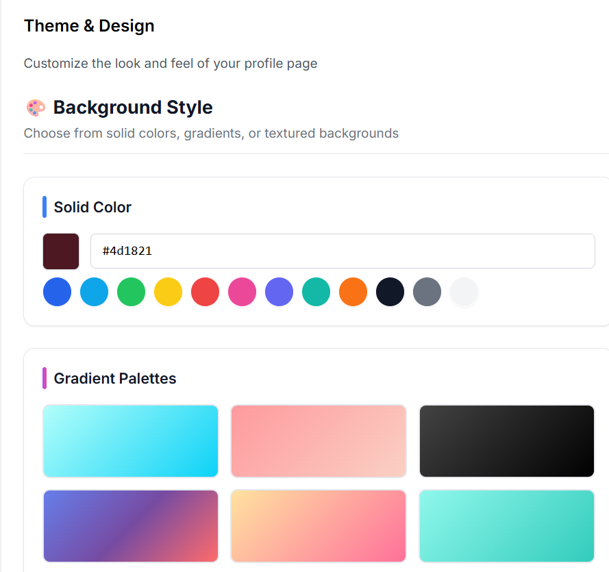 The LinkPre theme and design settings with solid colors and gradient palettes